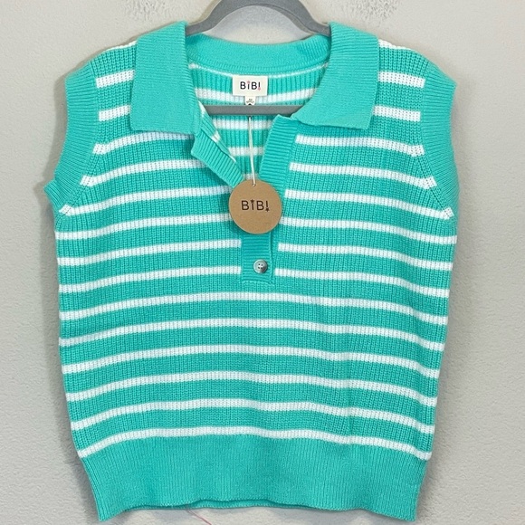BIBI Turquoise Striped Henley Sleeveless Sweater Top NWT Size Medium - Picture 1 of 5